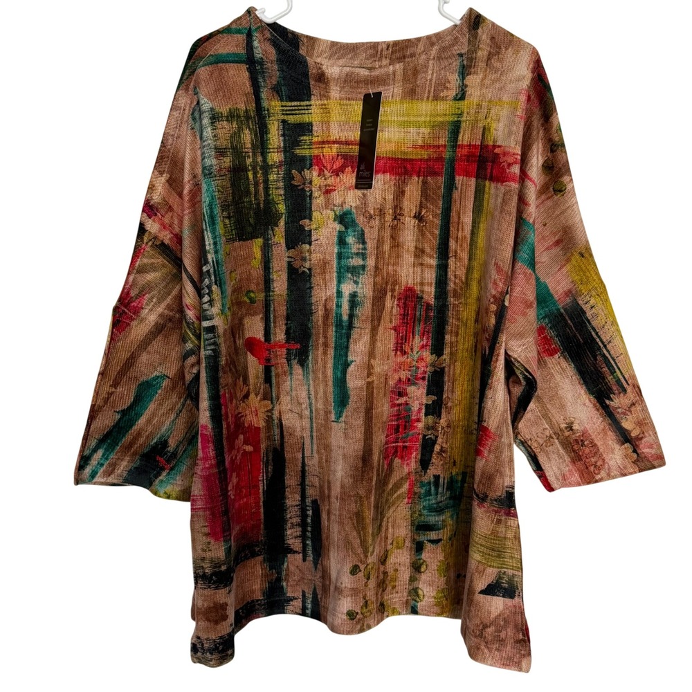 Ali Miles Abstract‎ Print Corduroy Tunic Sweater Top Women Size L Artsy Retro